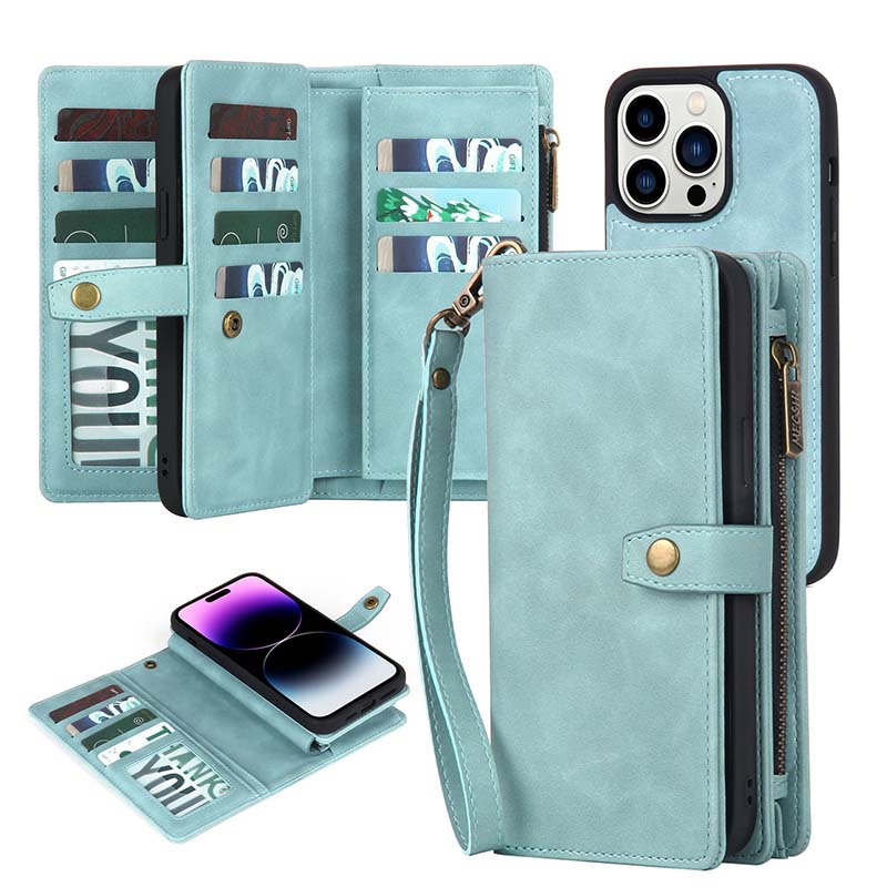 Casekis Zipper 11 Card Slots Wallet Phone Case Blue