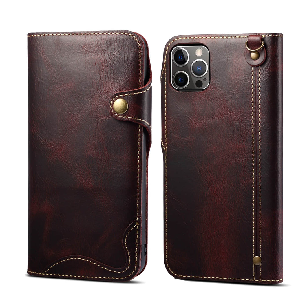 Casekis Genuine Cowhide Leather Button Flip Phone Case Red