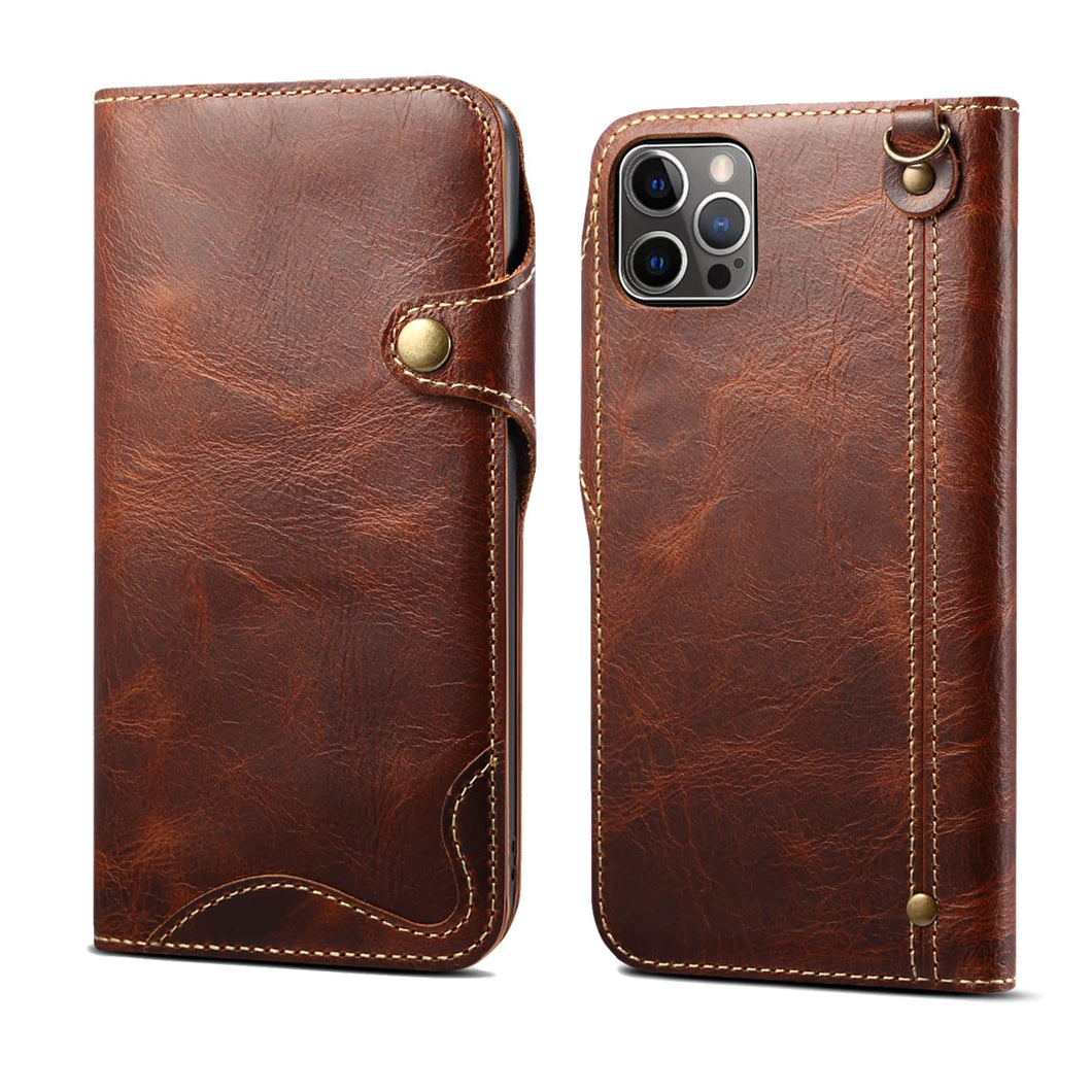 Casekis Genuine Cowhide Leather Button Flip Phone Case Brown