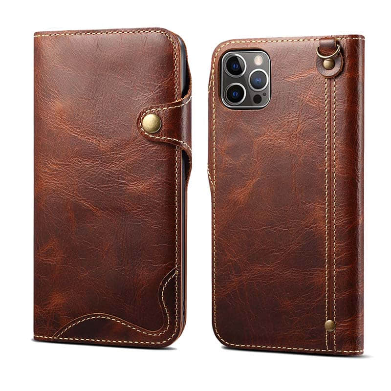 Genuine Cowhide Leather Button Flip Phone Case For Apple iPhone 13 Series - Casekis