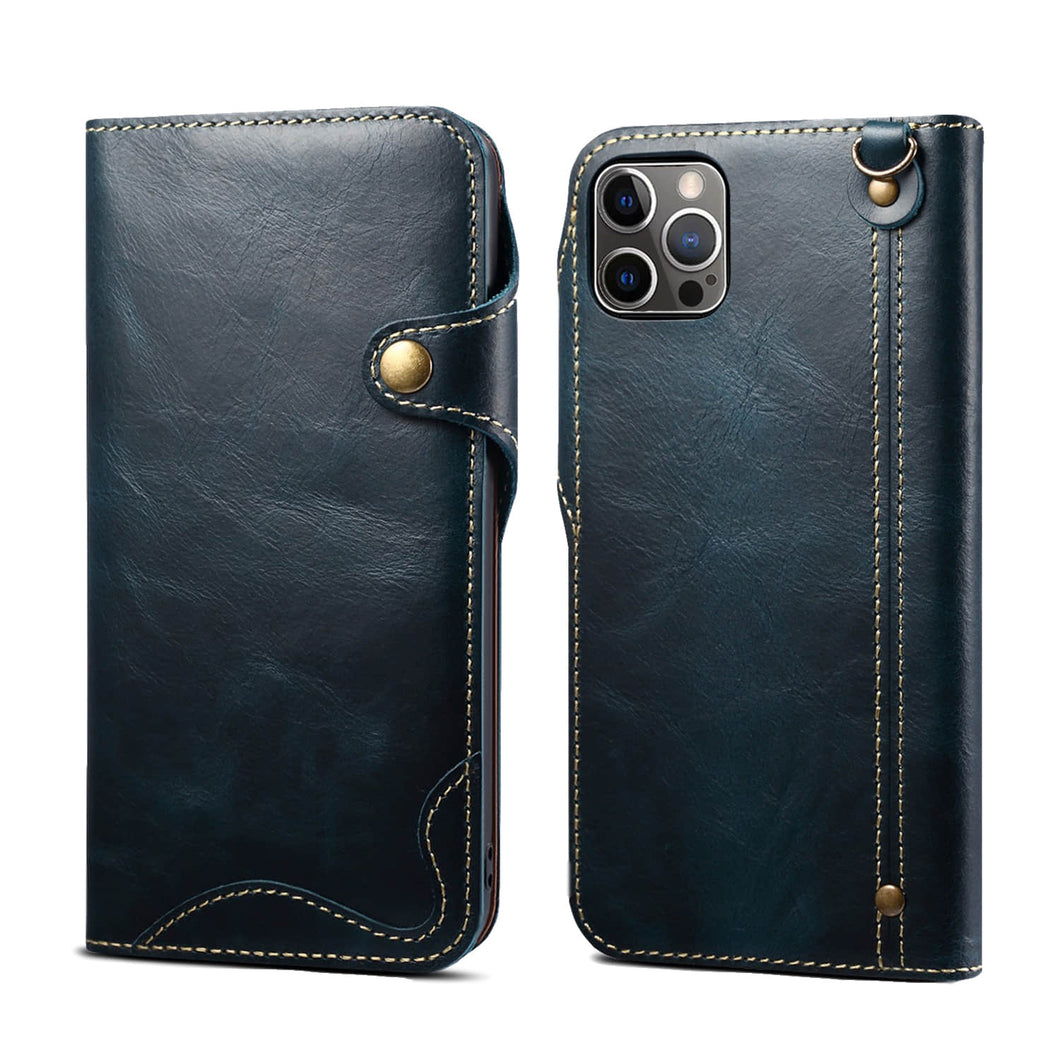 Casekis Genuine Cowhide Leather Button Flip Phone Case Blue