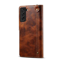 Load image into Gallery viewer, Genuine Cowhide Leather Button Flip Phone Case For Samsung Galaxy S21 5G - Casekis
