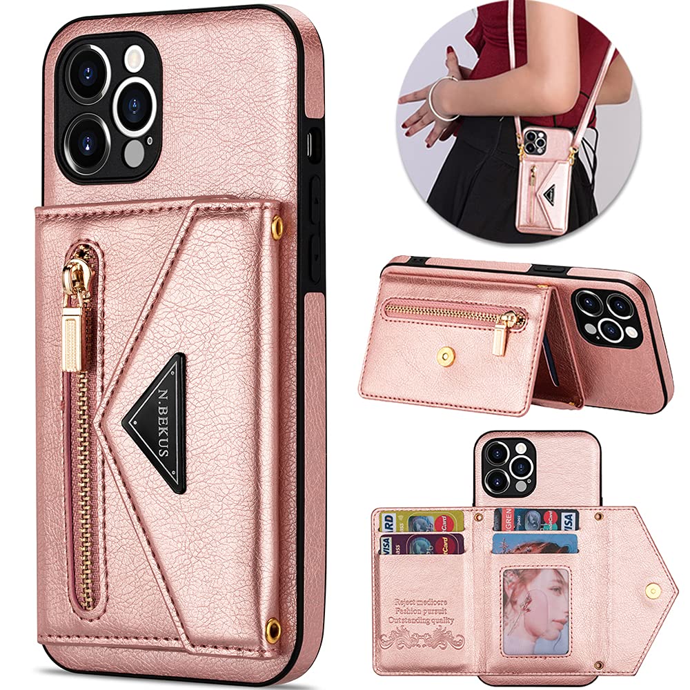 Casekis Crossbody Strap Leather Magnetic Wallet Phone Case Rose Gold