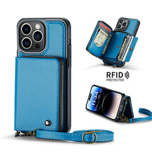 Load image into Gallery viewer, Casekis Zipper Crossbody Wallet RFID Phone Case Blue
