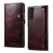 Load image into Gallery viewer, Genuine Cowhide Leather Button Flip Phone Case For Samsung Galaxy S21 5G - Casekis
